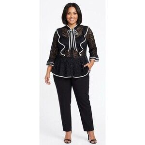 Impulsive Women's Black White Ruffle Lace Peplum Button Bow Tie Blouse 1X (16)